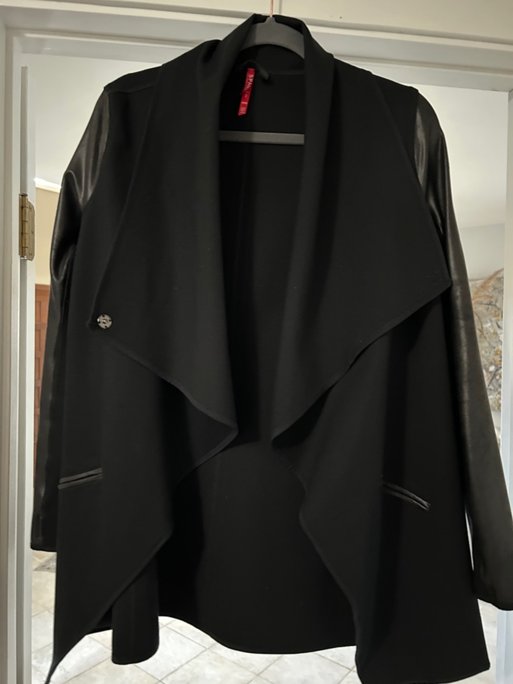 SPANX Black Draped Open-Front Jacket with Faux Leather Sleeves